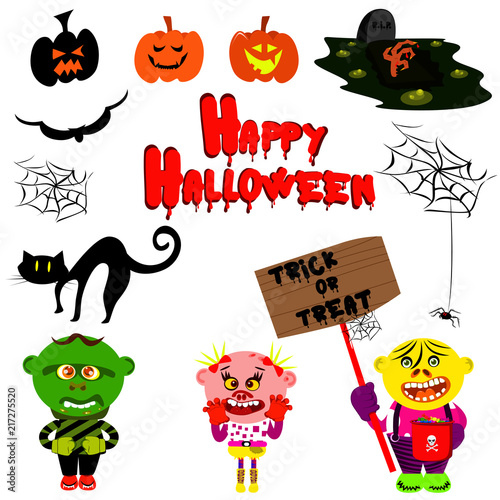 Vector set for Halloween in cartoon style. Illustration of characters and icons on white background. Kids in costumes, pumpkins and other traditional elements of Halloween.