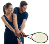 Woman working with a professional male coach. Positive emotion during exhausting training. Tennis, sport games.