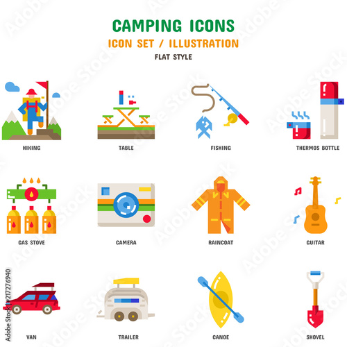 Camping Icon Set, 12 icons for web design and vector illustration