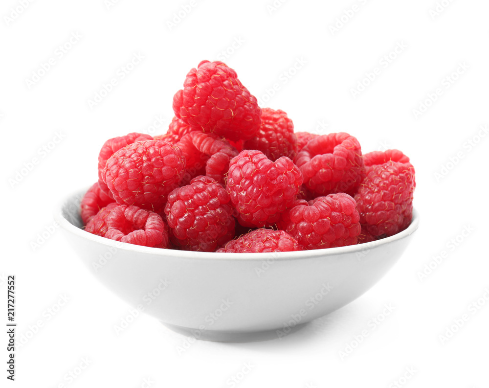 Bowl with fresh ripe raspberries on white background Bowl with fresh ripe raspberries on white background