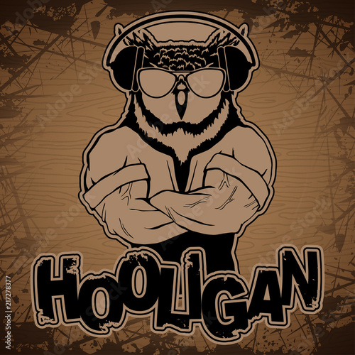 Steep fashionable owl on a wooden background.