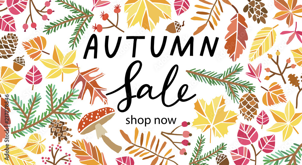Fototapeta Autumn sale vector design. Fall leaves background