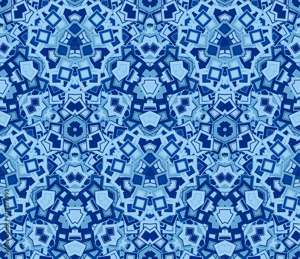 Blue abstract seamless pattern, background. Composed of colored geometric shapes. Useful as design element for texture and artistic compositions.