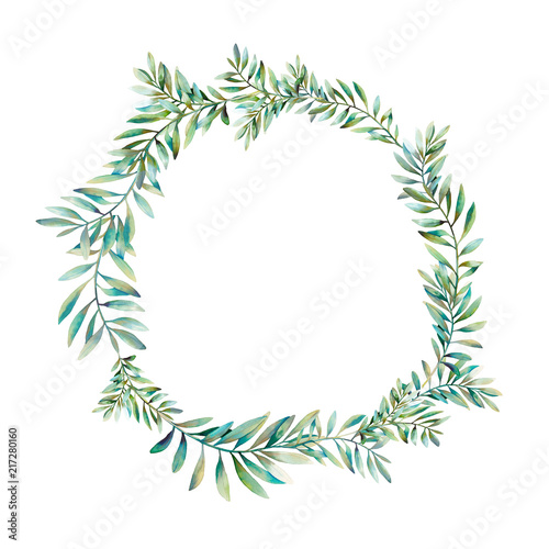 Watercolor greenery wreath. Hand drawn floral illustration isolated on white background. Natural graphic laurel frame. It  consist of green leaves and branches