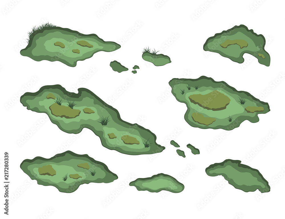 Naklejka premium Set of swamps in isometric style. Isolated image of forest marsh. 3d landscape with cartoon fens. Vector illustration