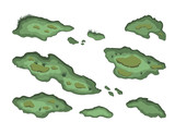 Set of swamps in isometric style. Isolated image of forest marsh. 3d landscape with cartoon fens. Vector illustration