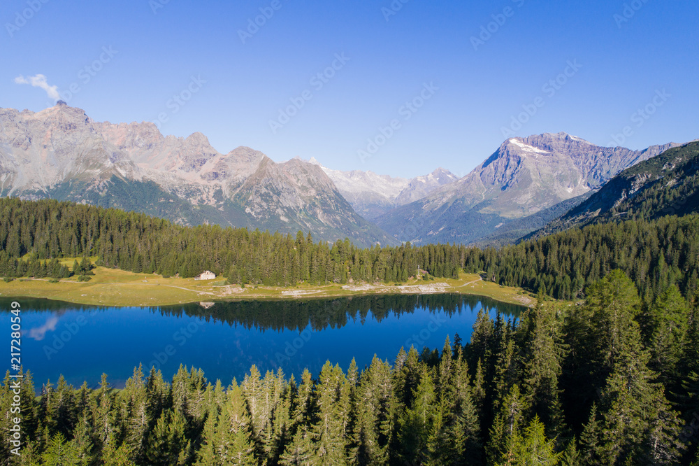 Valmalenco, Palù lake. Alpine lake and forest in the Alps