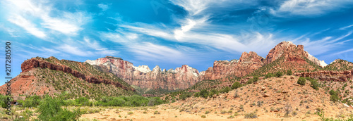 Zion National Park landscape, panoramic view on a summer day