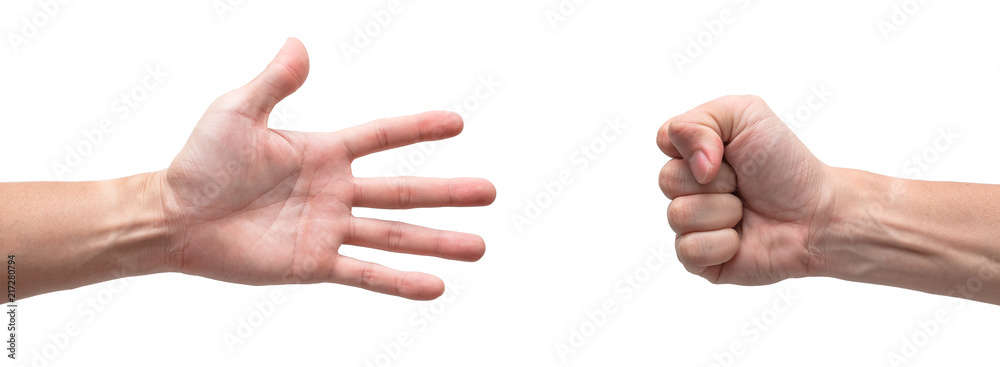 Male Hands Playing Rock Paper Scissors, Paper Win Over Rock Male Hands Playing Rock Paper Scissors, Paper Win Over Rock