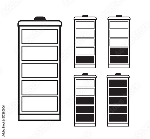 Battery Indicator Icon Set isolated isolated on a transparent background. black and white single line drawing. Battery icon set .Set of battery charge level indicators. Vector icon