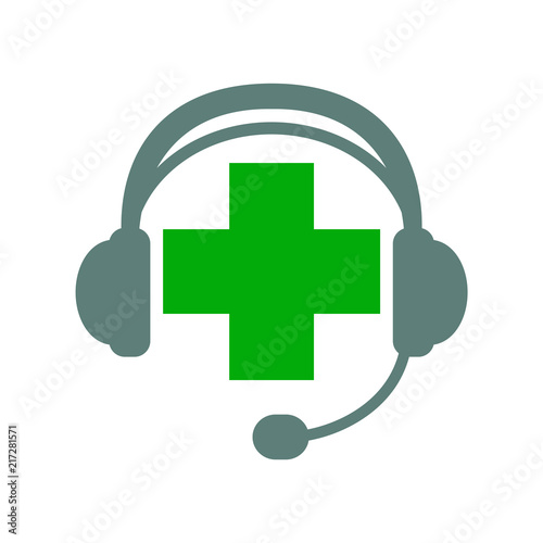 Icono plano auriculares con microfono y cruz sanidad en gris y verde