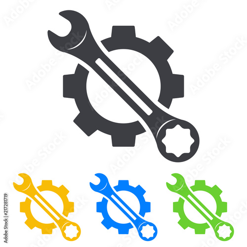 Icono plano engranaje con llave en diagonal en varios colores