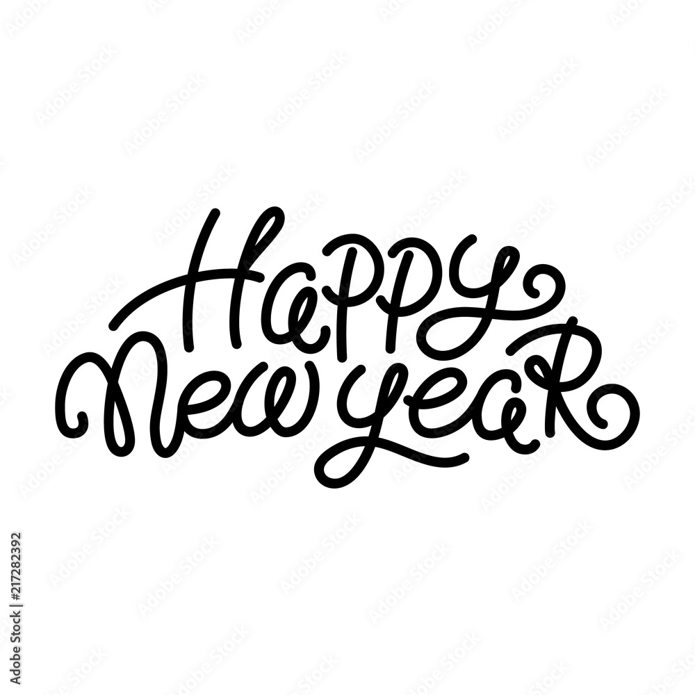Happy New Year text, hand written monoline lettering, typographic element for greeting cards, banners, isolated vector illustration on white background. Happy New Year greeting text, lettering design
