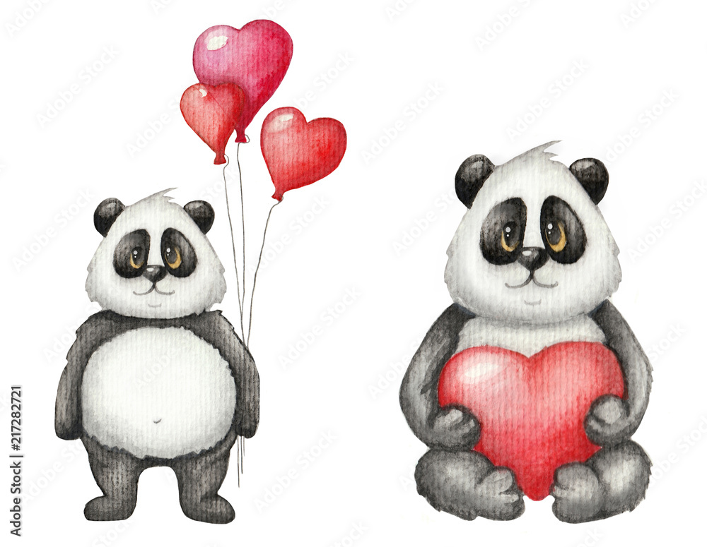 Obraz premium Akwarela Walentynki śliczna karta z zakochaną Pandą. Ilustracja dla dzieci na białym tle
