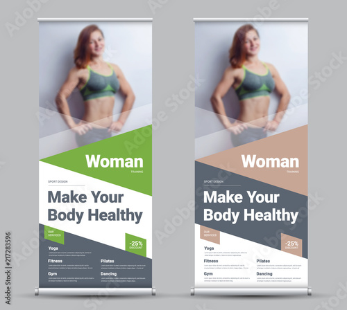 Design of a vector roll-up banner with diagonal and triangular elements and a place for photos