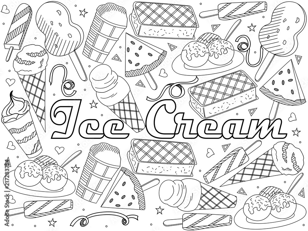 Objects of linear art on a white background. Theme of public catering, summer vacation, a set of various ice-cream Vector