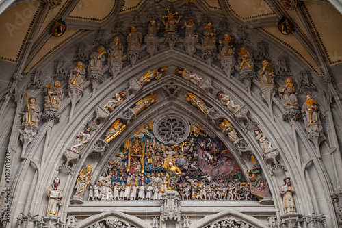 Details of the Last Judgement placed over the main portal of Bern Minster, Switzerland. It is one of the most complete Late Gothic sculpture collections in Europe. Was completed in 1893