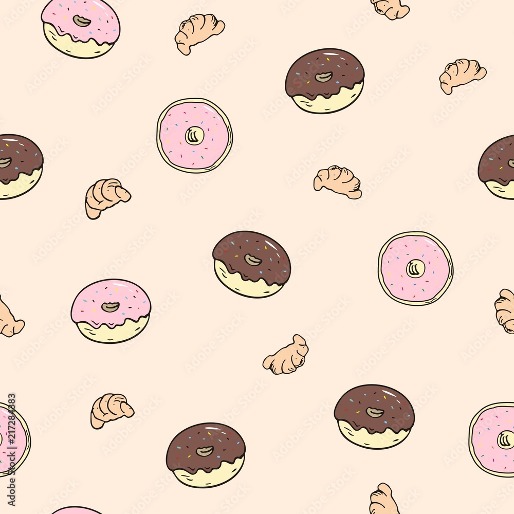 Seamless pattern with with donuts and croissants. Vector illustration. Doodle art.