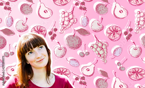 Slika na platnu Young Woman on Fruits Background
