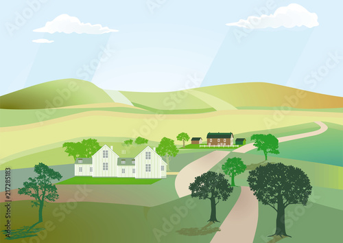 Landschaftsillustration mit Häusern und Landstraße