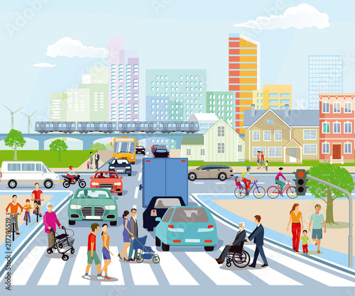 Öffentlicher Verkehr mit Fußgänger und Straßenverkehr, Illustration