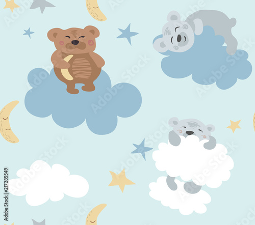 Fotografija Blue seamless pattern with cute sleeping bears and clouds.