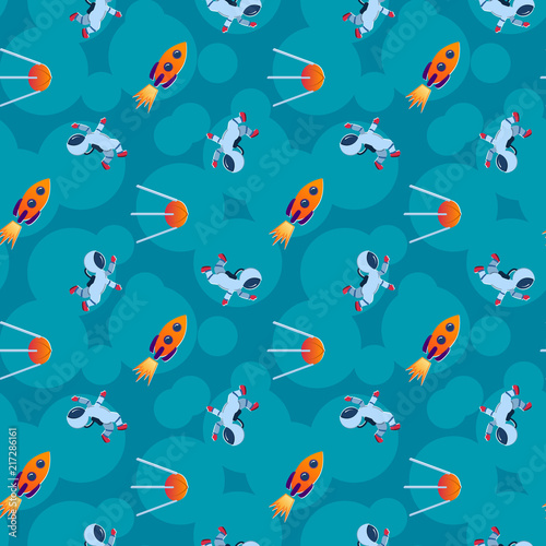 Seamless space pattern. Planets, rockets and stars, astronauts. Cartoon spaceship icons. Kids pattern.