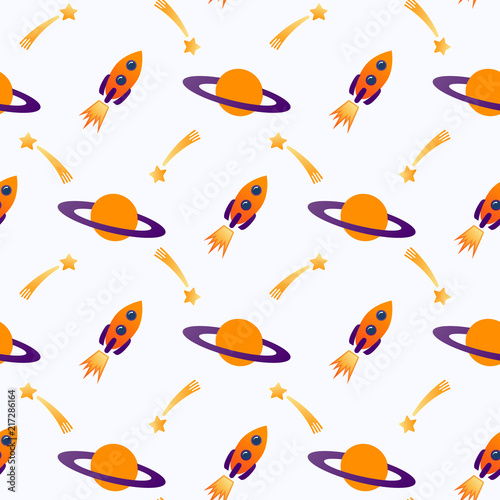 Seamless space pattern. Planets, rockets and stars, astronauts. Cartoon spaceship icons. Kids pattern.