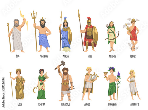 Pantheon of ancient Greek gods, Ancient Greece mythology. Set of characters with names. Flat vector illustration. Isolated on white background.