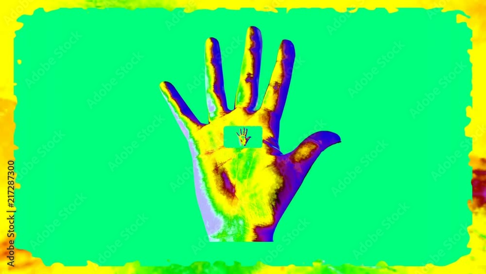 An opt art 3d rendering of a psychedelic tunnel in a human hand showing a high five gesture in the colorful background. A small hand grows in a big one forming a hypnotic channel. An opt art 3d rendering of a psychedelic tunnel in a human hand showing a high five gesture in the colorful background. A small hand grows in a big one forming a hypnotic channel.