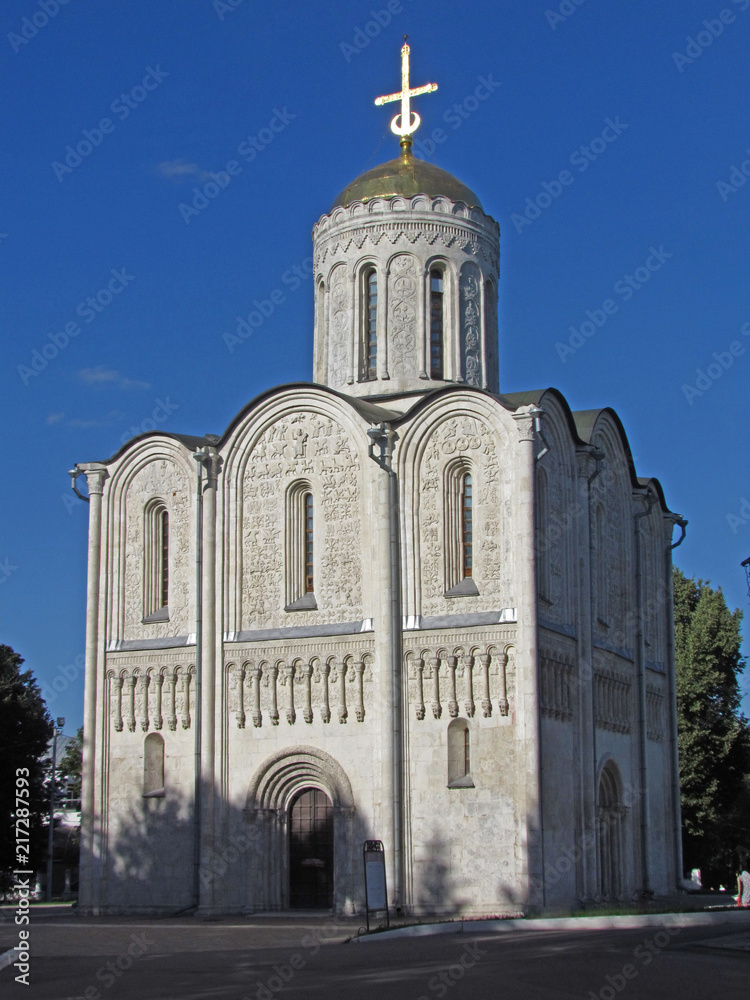 Dmitrovsky Church in Vladimir was built in 1191 under Prince Vsevolod of white stone and decorated with 600 reliefs of saints, animals and plants. Russia, Vladimir, August 2015.