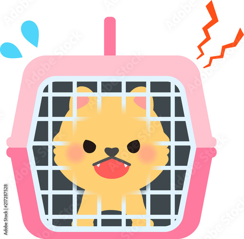 ペットキャリーの中で吠える小型犬