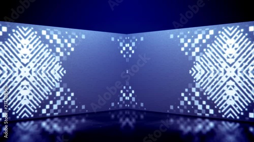 An opt art 3d rendering of neon tunnel movement of white lines and squares playing kaleidoscopic games in the blue background. They rotate, grow bigger, turn right and left, and look funny.