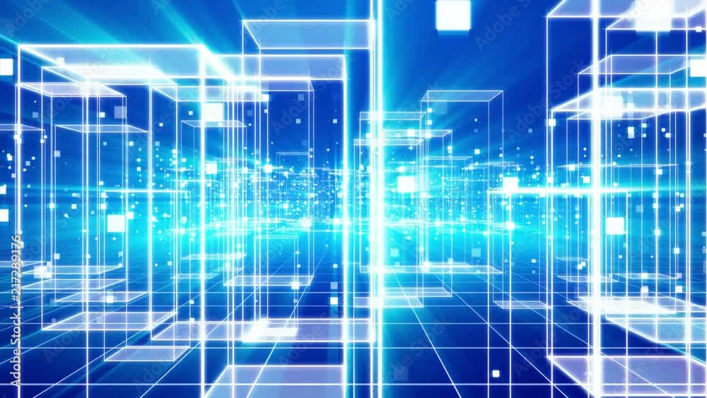 A dolly in 3d rendering of a futuristic virtual city with many see-through buildings placed on a network in the blue background. They have the same configuration and look pragmatic and hi-tech.