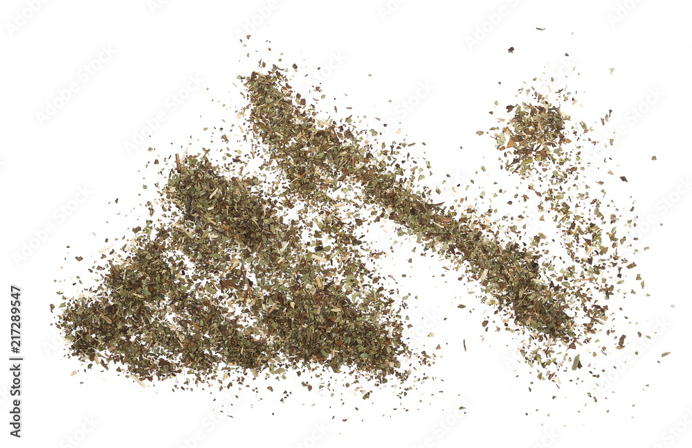 Pile of dried oregano leaves isolated on white background, top view Pile of dried oregano leaves isolated on white background, top view