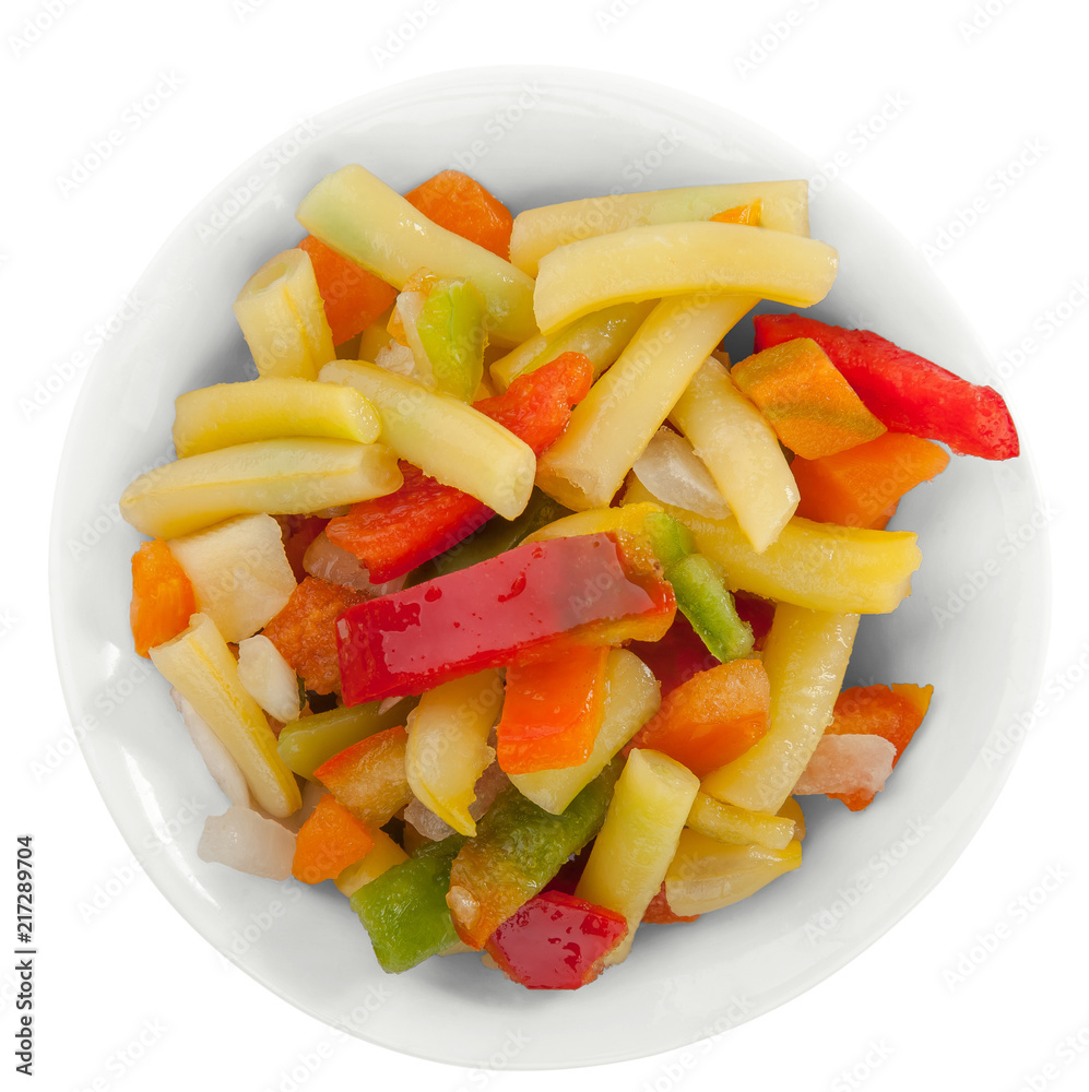 Fresh mixed vegetables in bowl on white. Top view. Fresh mixed vegetables in bowl on white. Top view.
