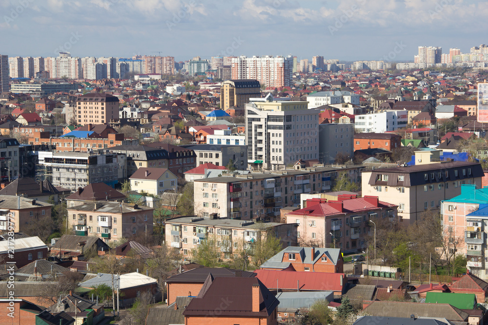 Top view of the Central district of Krasnodar. Krasnodar is a large city in the South of Russia.