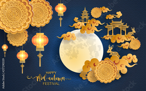  Mid Autumn Festival with paper cut art and craft style on color Background.