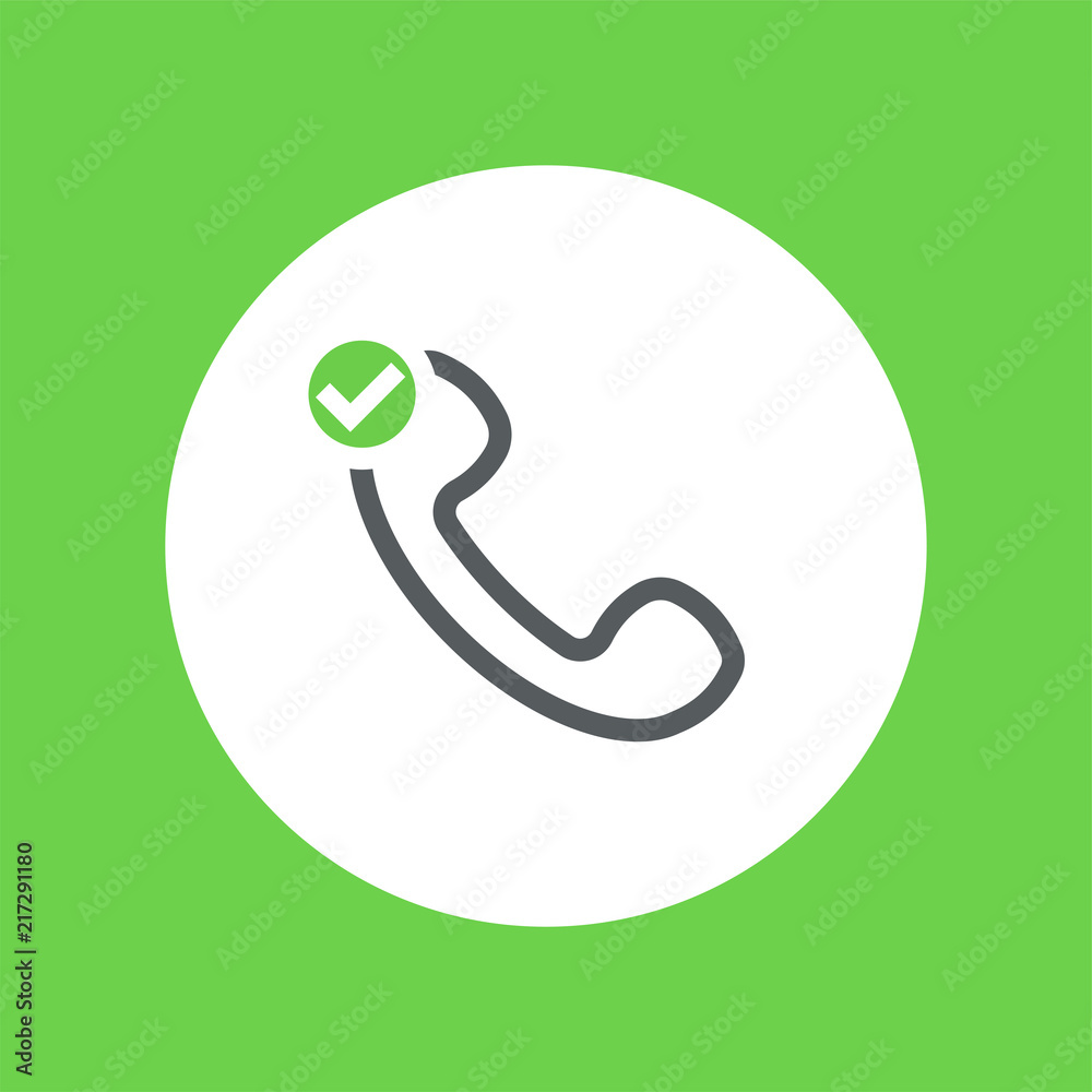 Outline telephone handset symbol. Check mark, green tick sign. Flat vector icon