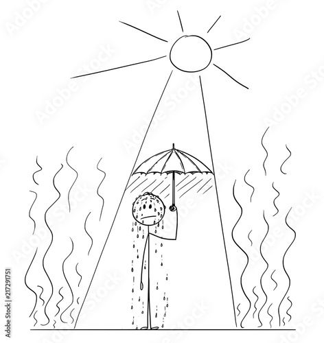 Cartoon stick drawing conceptual illustration of sweating man standing on Sun in hot summer weather or heat and hiding under umbrella.