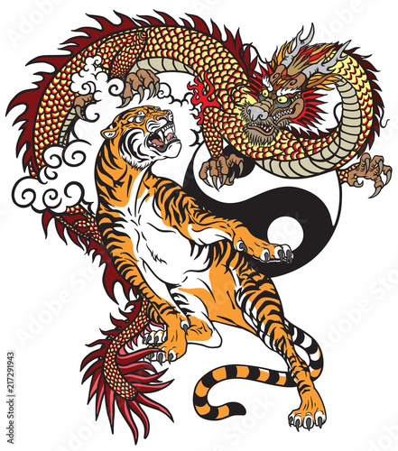 Chinese dragon versus tiger. Tattoo vector illustration included Yin Yang symbol