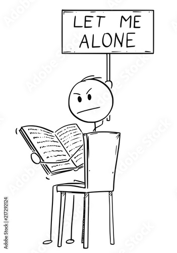 Cartoon stick drawing conceptual illustration of annoyed man sitting on chair and reading a book. He is looking angry, because is disturbed by viewer and holding let me alone sign.