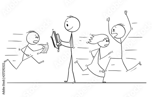 Cartoon stick drawing conceptual illustration of confident man walking slowly and calmly reading with crowd of people in stress running and hurrying around him.