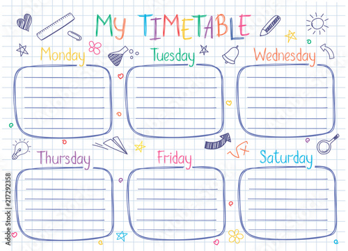 School timetable template on copy book sheet with hand written text. Weekly lessons shedule in sketchy style decorated with hand drawn school doodles.