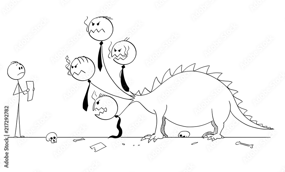 Obraz premium Cartoon stick drawing conceptual illustration of man or businessman facing the monster, beast or dragon. Concept of bureaucracy.