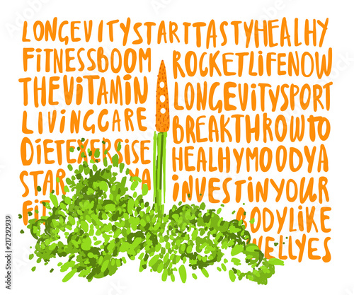 Illustration of the concept of a healthy lifestyle. Carrots with a halms, taking off like a rocket with lettering about Health, sport, lifestyle and vitamins. Starting new healthy life concept.