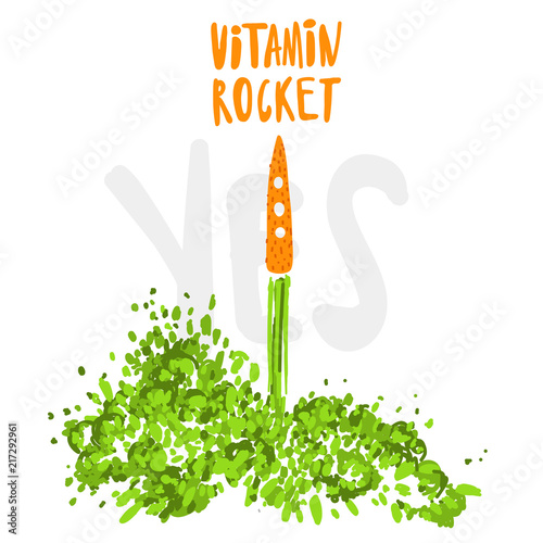 Illustration of the concept of a healthy lifestyle. Carrots with a halms, taking off like a rocket with lettering about Vitamin Rocket and Yes word. Starting new healthy life concept.