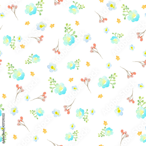 Seamless pattern with blue, turquoise and orange flowers, a twig with red flowers and a green abstract branch on a white background.