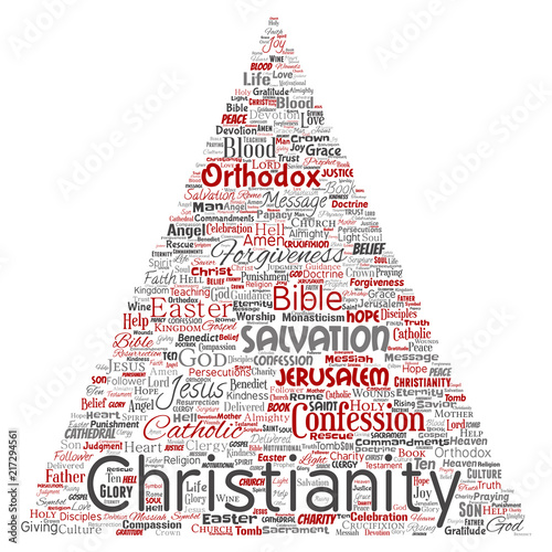 Vector conceptual christianity, jesus, bible, testament triangle arrow red  word cloud isolated background. Collage of teachings, salvation resurrection, heaven, confession, forgiveness, love concept
