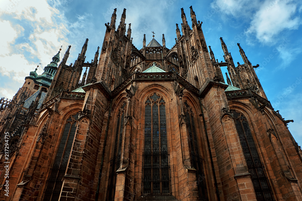 Facade of the main entrance to the St. Vitus cathedral in Prague Castle in Prague, Czech Republic